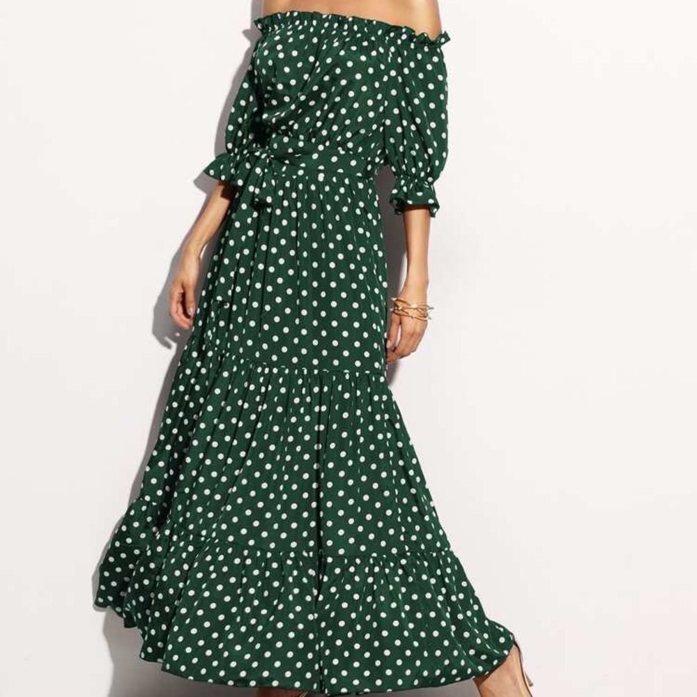 Bardot style, green polka dot dress